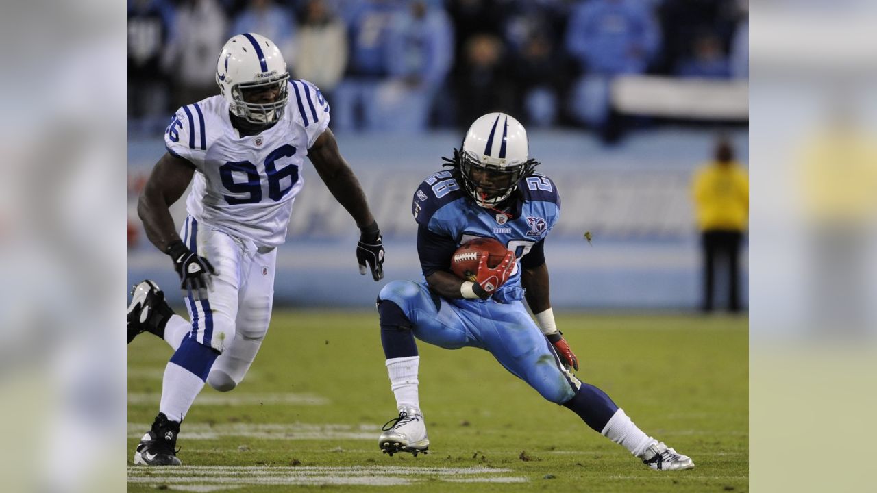 Tennessee Titans running back Chris Johnson (28), left, celebrates with  teammate Ahmard Hall (45) after scoring a touchdown in the fourth quarter  against the Kansas City Chiefs. The Titans defeated the Chiefs