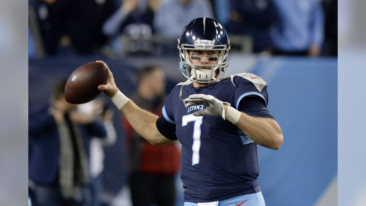 Tennessee Titans quarterback Marcus Mariota (8) looks over the defense of  the Indianapolis Colts during an NFL football game, Sunday, Sept. 15, 2019,  in Nashville, Tenn. The Colts won the game 19-17. (