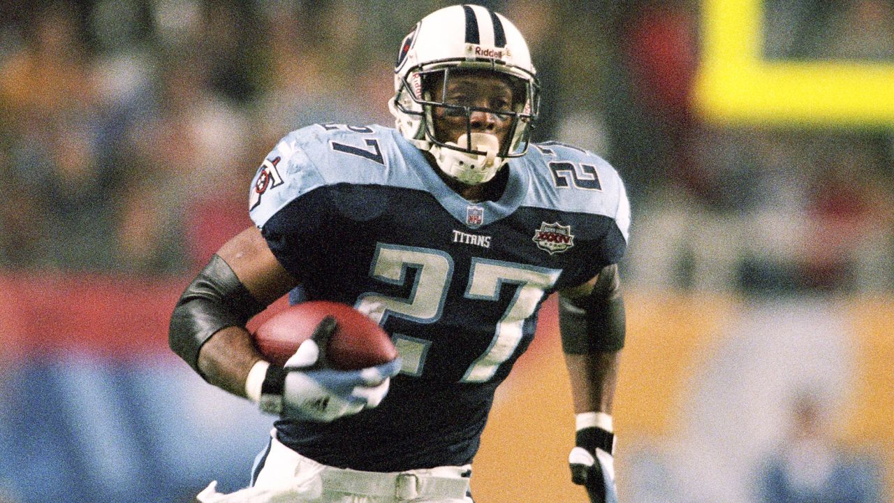 Former Tennessee Titans running back Eddie George stands during a ceremony  retiring his number during an NFL football game between the Titans and the  Indianapolis Colts Sunday, Sept. 15, 2019, in Nashville