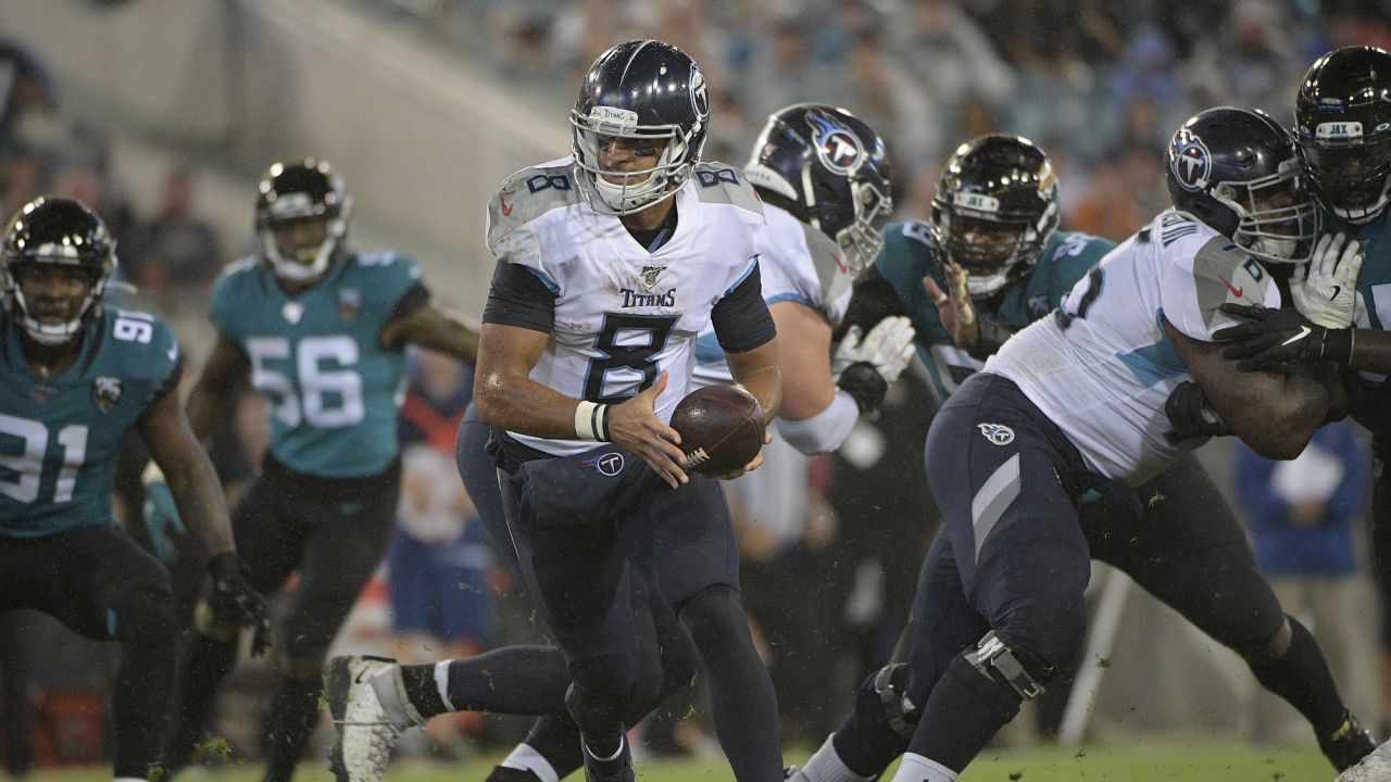 Titans Quarterback Marcus Mariota passes as the Tennessee Titans take on  the Jacksonville Jaguars at the TIAA Bank Field in Jacksonville, Florida on  Thursday, September 19, 2019. Jacksonville defeated the Titans 20-7..Photo