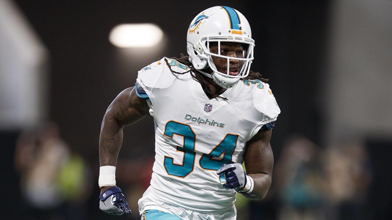 Miami Dolphins running back Senorise Perry (34) walks back to the