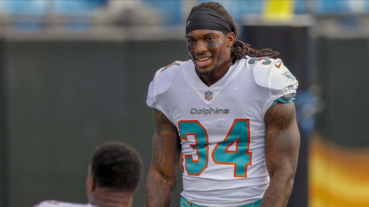 Miami Dolphins running back Senorise Perry (34) walks back to the bench  after scoring a touchdown, during the first half of an NFL preseason  football game against the Tampa Bay Buccaneers, Thursday