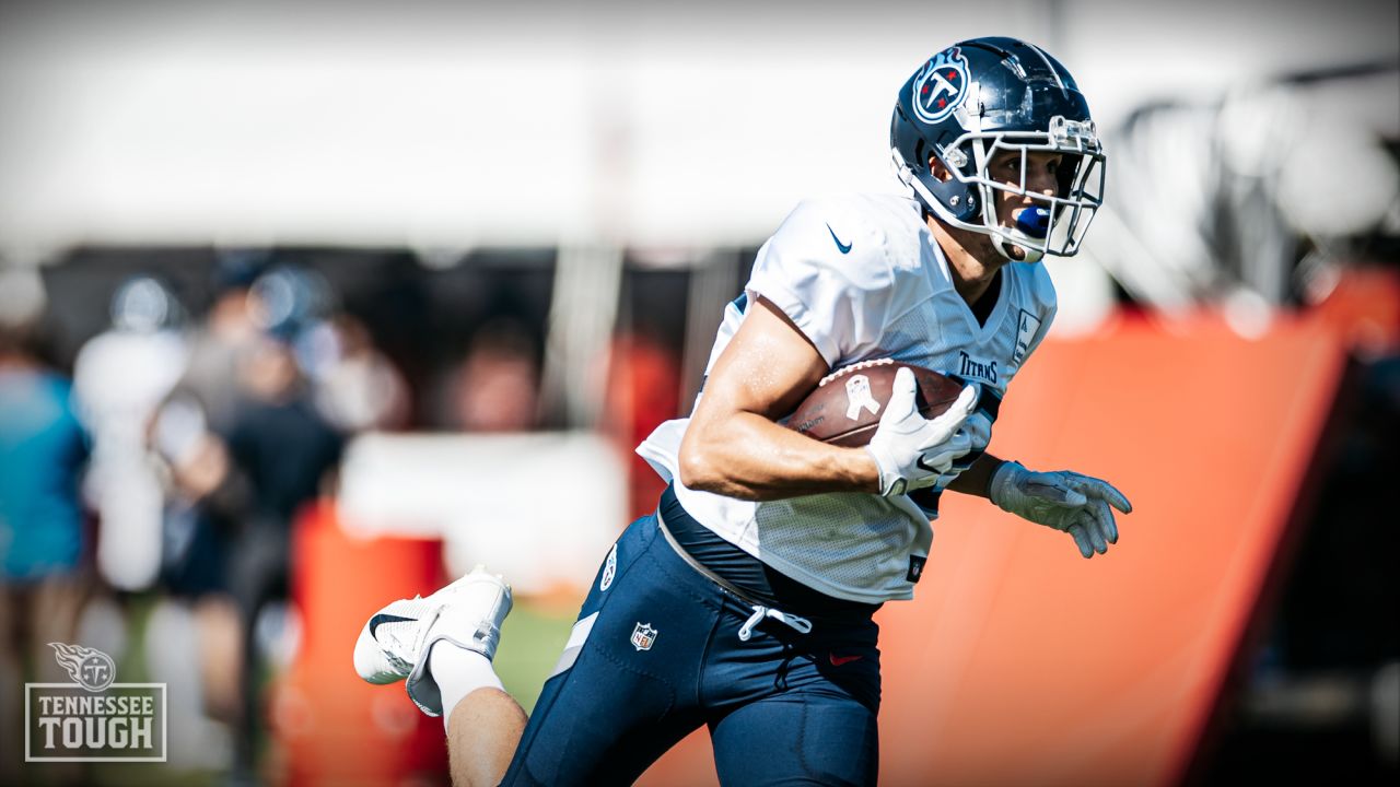 Tennessee Titans tight end Miller Forristall (42) lines up during the  second half of a preseason NFL football game against the Atlanta Falcons,  Friday, Aug. 13, 2021, in Atlanta. The Tennessee Titans