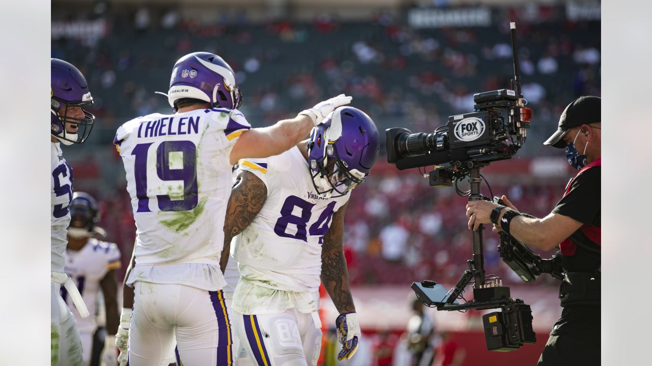 A Salute to Service ribbon is seen on the back of the helmet of Minnesota  Vikings tight end Irv Smith Jr. during the first half of an NFL football  game against the