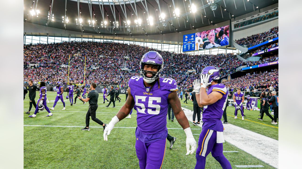 LONDON, UNITED KINGDOM. 02th, Oct 2022. Adam Thielen of Minnesota Vikings  (left) is tackled by Paulson Adebo of New Orleans Saints (right) during NFL  2022 London Series - Minnesota Vikings vs New