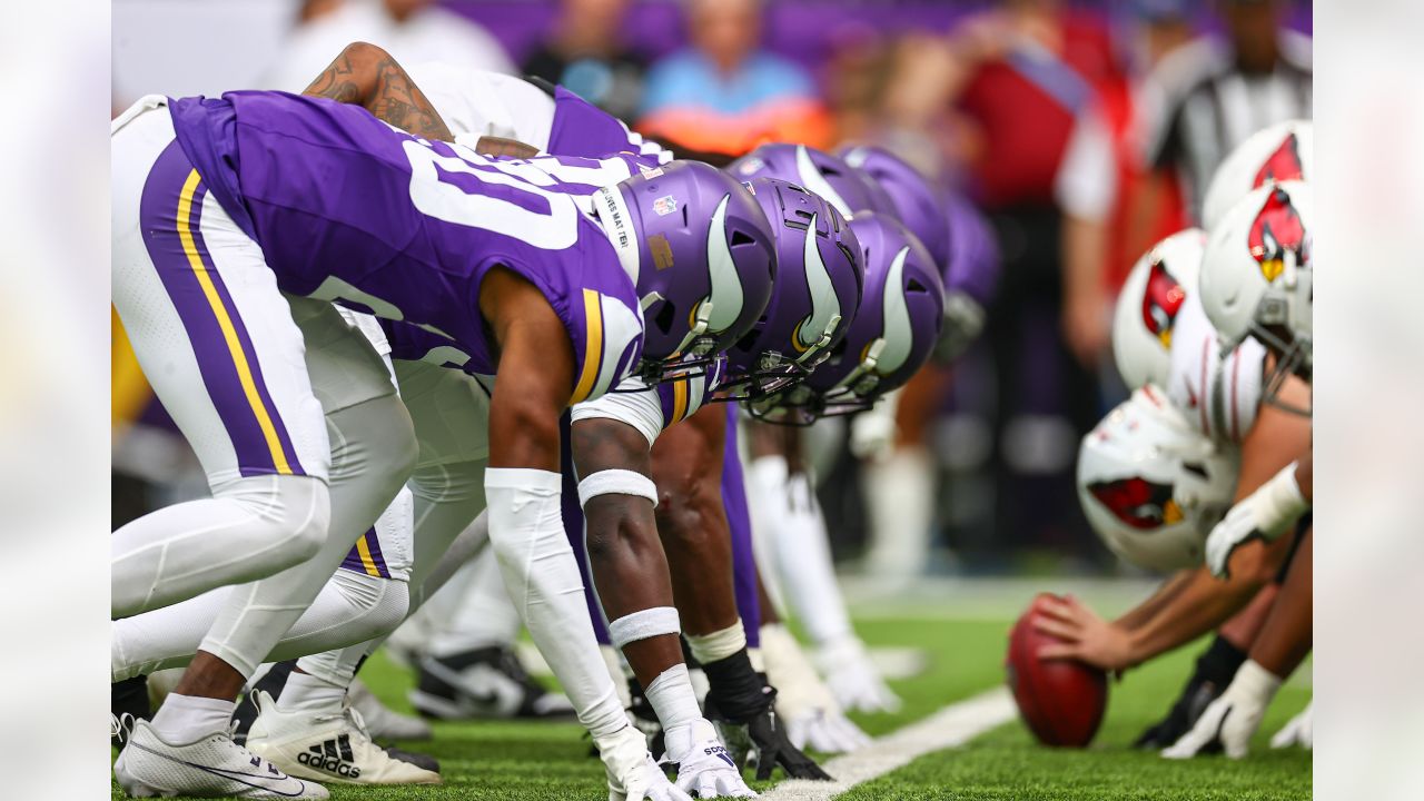 Arizona Cardinals wide receiver Davion Davis (10) runs down the field  during the first half of an NFL preseason football game against the  Minnesota Vikings, Saturday, Aug. 26, 2023, in Minneapolis. (AP