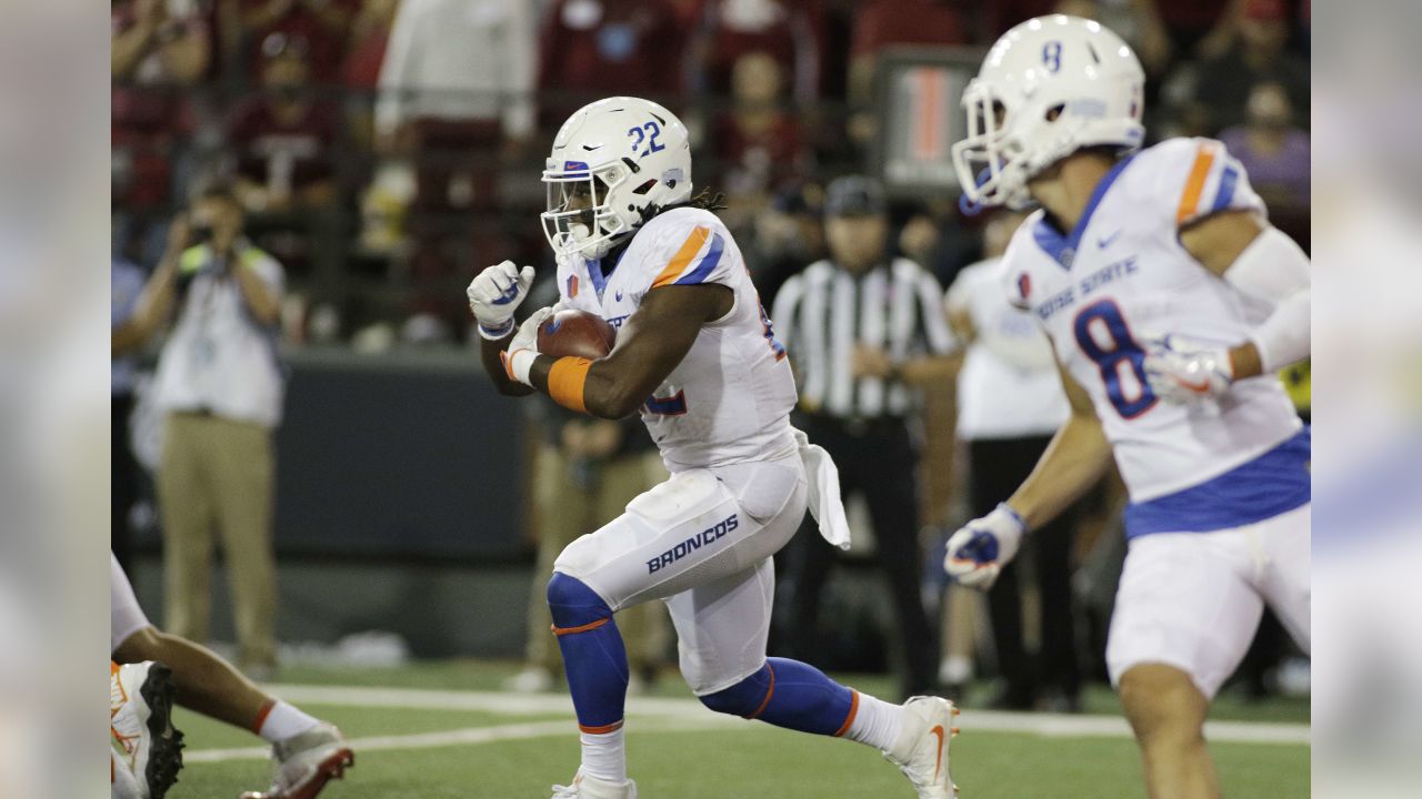 BOISE, ID - OCTOBER 21: Boise State Broncos running back Alexander Mattison  (22) shows some frustration after running out of bounds during the regular  season game between the Wyoming Cowboys verses the