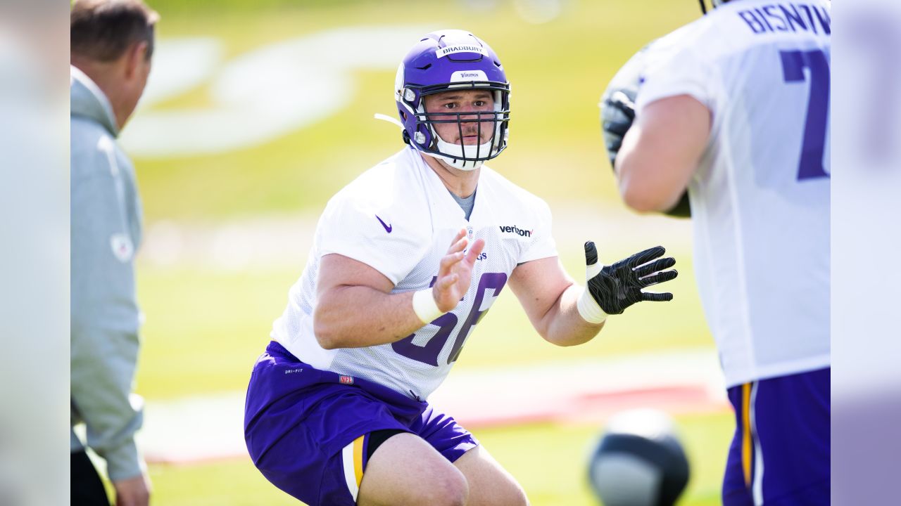 Minnesota Vikings first round draft pick, center Garrett Bradbury,  addresses the media after rookie minicamp workouts at the NFL football  team's complex Friday, May 3, 2019, in Eagan, Minn.Bradbury played for North