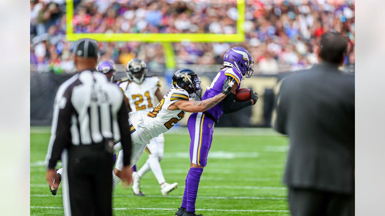 Minnesota Vikings punter Ryan Wright (14) celebrates after a play during an  NFL football game against the New Orleans Saints at Tottenham Hotspur  Stadium, Sunday, Oct. 2, 2022, in London. The Minnesota