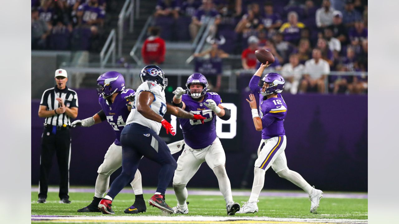 Minnesota Vikings offensive tackle Vederian Lowe leaves the field after  their loss to the Las Vegas Raiders in an NFL preseason football game,  Sunday, Aug. 14, 2022, in Las Vegas. (AP Photo/John