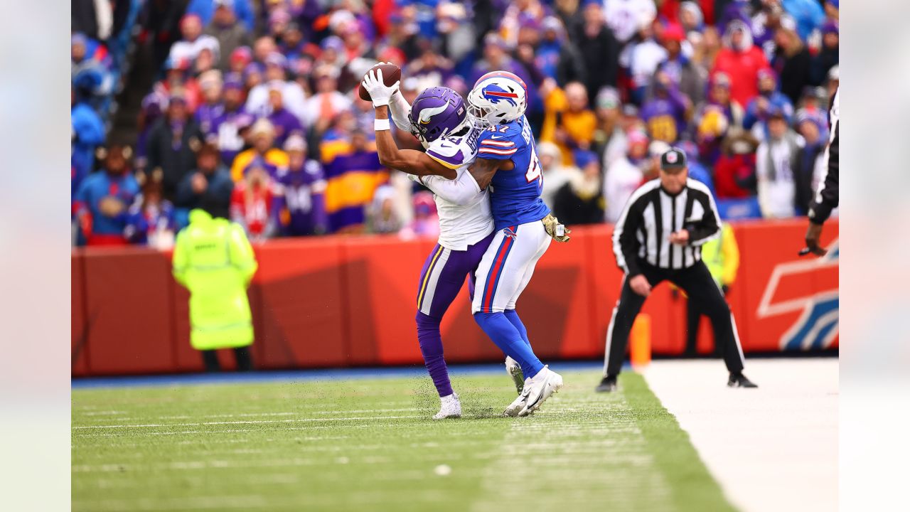 Minnesota Vikings fullback C.J. Ham (30) celebrates after his touchdown  with offensive tackle Brian O'Neill, right, in the second half of an NFL  football game against the Buffalo Bills, Sunday, Nov. 13