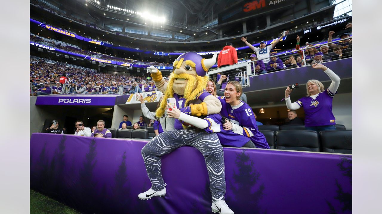 MINNEAPOLIS, MN - DECEMBER 24: Minnesota Vikings mascot Viktor The Viking  displays his Christmas outfit during a game between the Minnesota Vikings  and New York Giants on December 24, 2022, at U.S.