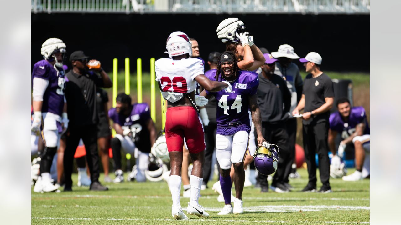 Minnesota Vikings tackle Brian O'Neill arrives for practice during the  first day of training camp as rookies, free agents and some veterans  reported to the NFL football team complex Wednesday, July 25