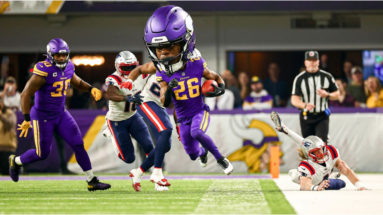 A Salute to Service ribbon is seen on the back of the helmet of Minnesota  Vikings tight end Irv Smith Jr. during the first half of an NFL football  game against the