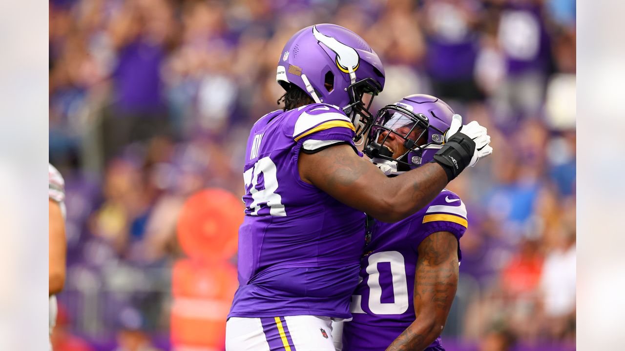 Minnesota Vikings wide receiver Trishton Jackson (9) in action during the  first half of an NFL preseason football game against the Arizona Cardinals,  Saturday, Aug. 26, 2023 in Minneapolis. (AP Photo/Stacy Bengs