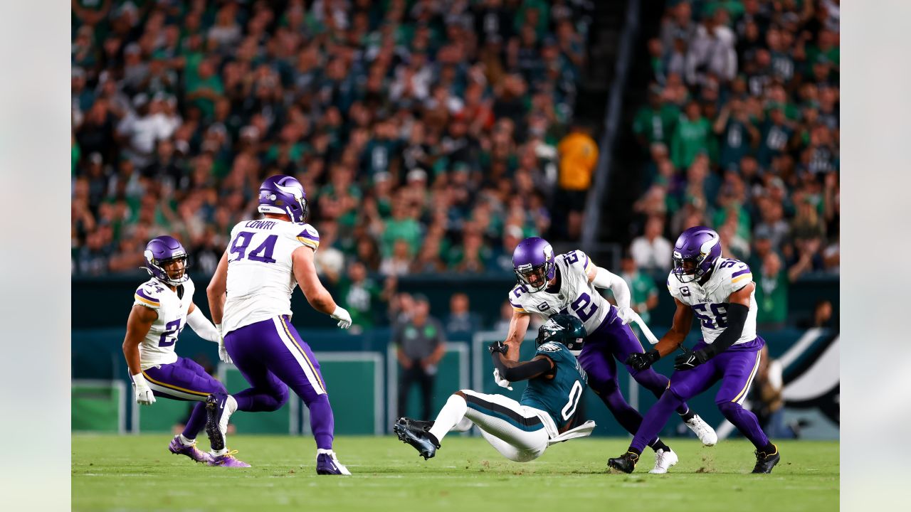 Minnesota Vikings offensive tackle Vederian Lowe leaves the field after  their loss to the Las Vegas Raiders in an NFL preseason football game,  Sunday, Aug. 14, 2022, in Las Vegas. (AP Photo/John