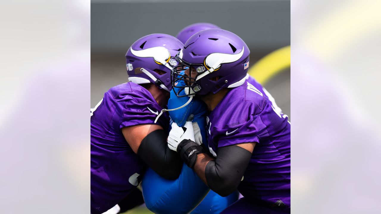 Minnesota Vikings fullback C.J. Ham (30) and offensive tackle Oli Udoh (74)  chat during the NFL football team's training camp Tuesday, Aug. 3, 2021, in  Eagan, Minn. (AP Photo/Jim Mone Stock Photo - Alamy