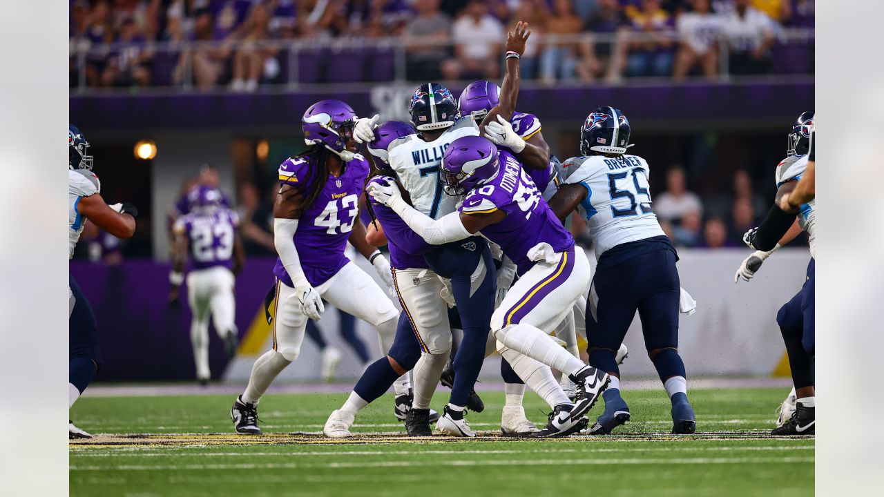 Minnesota Vikings offensive tackle Vederian Lowe leaves the field after  their loss to the Las Vegas Raiders in an NFL preseason football game,  Sunday, Aug. 14, 2022, in Las Vegas. (AP Photo/John