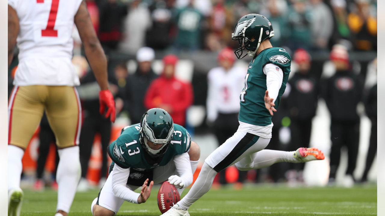 Philadelphia Eagles place kicker Jake Elliott (4) reacts with holder Brett  Kern (13) afer kicking a field goal against the New York Giants during the  first half of an NFL football game