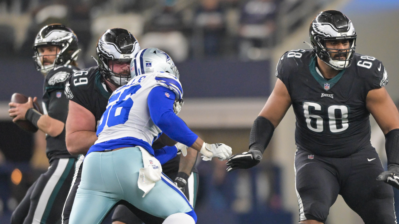 Philadelphia Eagles guard Landon Dickerson (69) stands on the