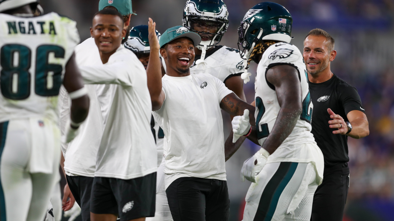 Philadelphia Eagles wide receiver Johnny King in action during the first  half of an NFL preseason football game against the Baltimore Ravens,  Saturday, Aug. 12, 2023, in Baltimore. (AP Photo/Nick Wass Stock