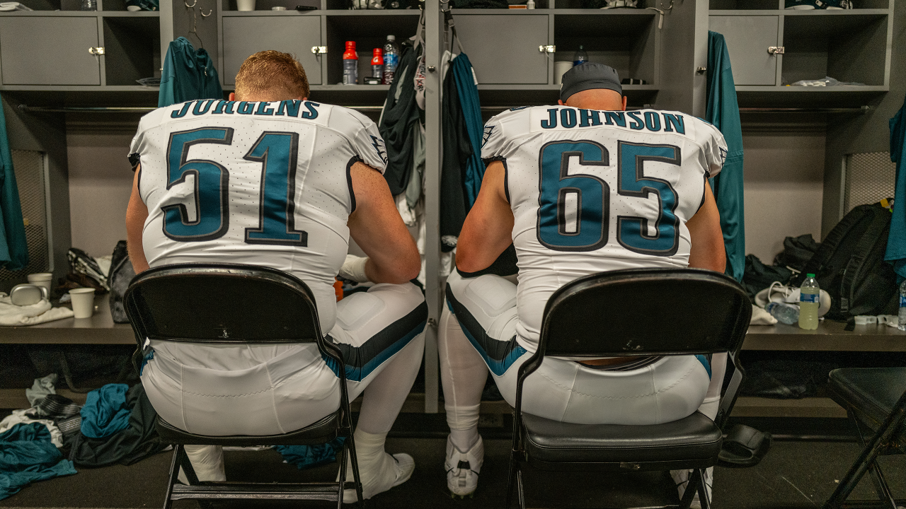 Philadelphia Eagles center Cam Jurgens (51) prepares to snap the