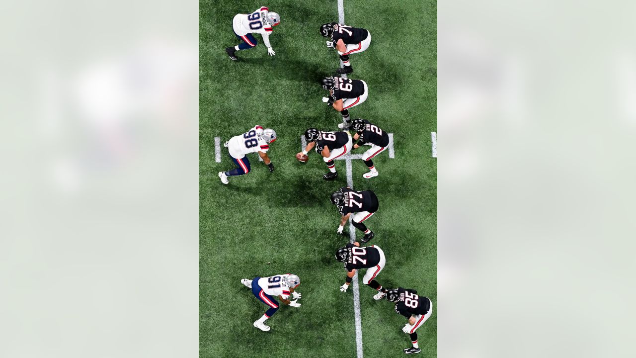 Atlanta Falcons outside linebacker Brandon Copeland (51) lines up during  the first half of an NFL football game against the New England Patriots,  Thursday, Nov. 18, 2021, in Atlanta. The New England