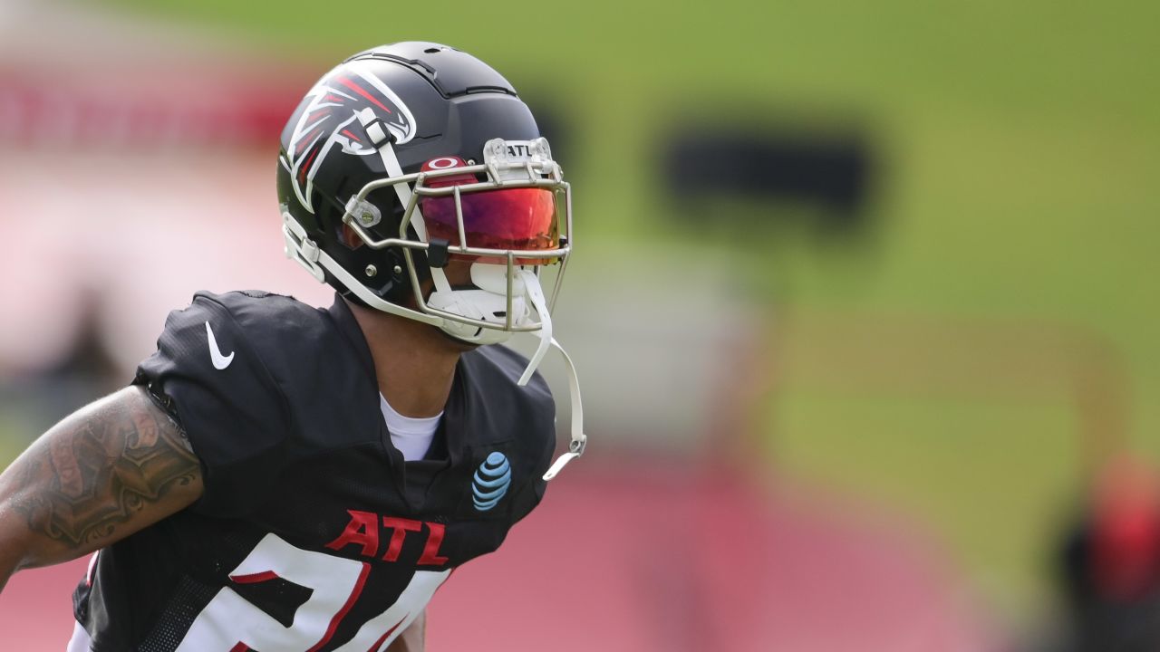 Atlanta Falcons safety Dean Marlowe (21) lines up during the second half of  an NFL football game against the Carolina Panthers, Sunday, Oct. 30, 2022,  in Atlanta. The Atlanta Falcons won 37-34. (