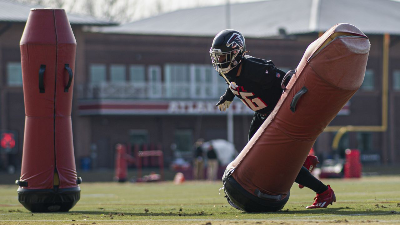 Atlanta Falcons linebacker Quinton Bell (56) works during the