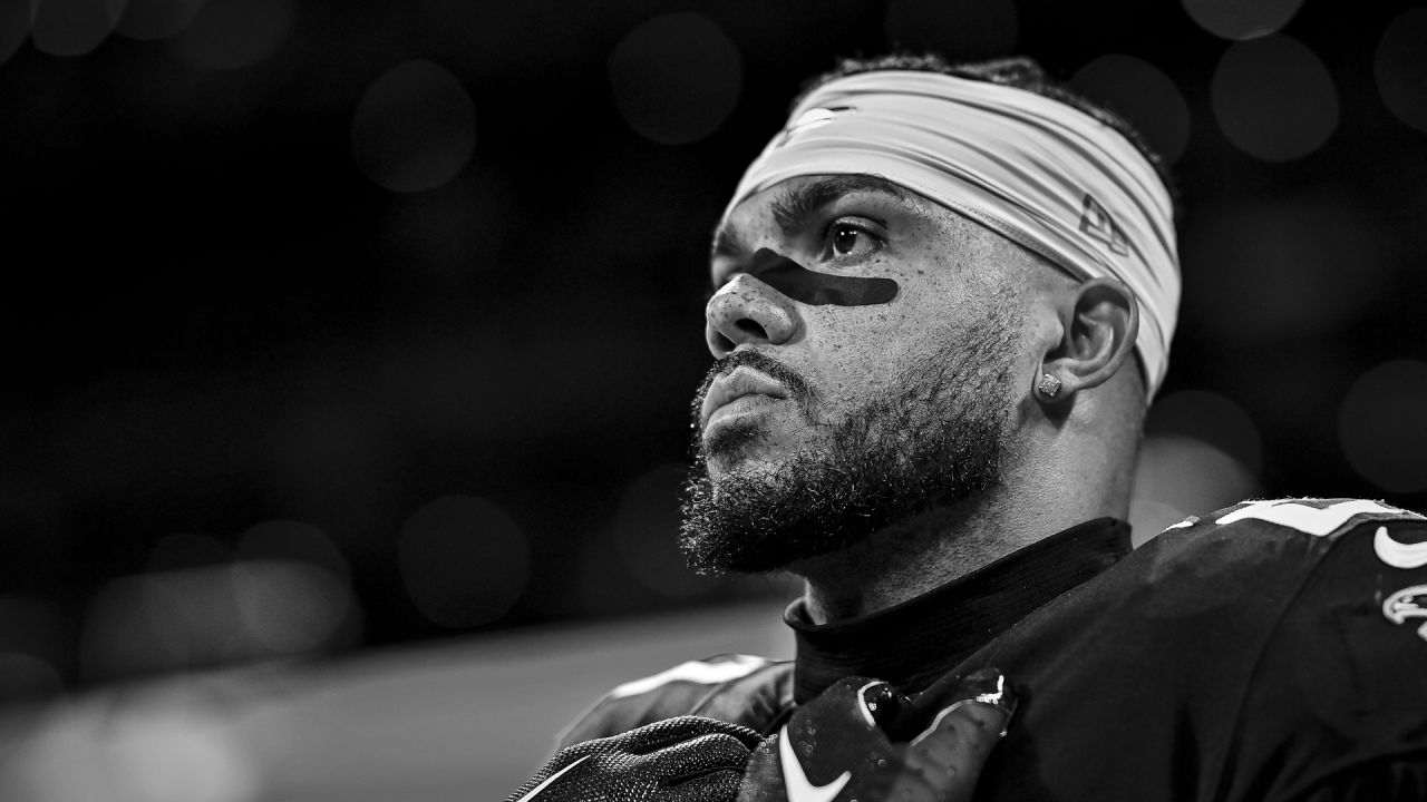 Atlanta Falcons safety Dean Marlowe (21) lines up during the second half of  an NFL football game against the Carolina Panthers, Sunday, Oct. 30, 2022,  in Atlanta. The Atlanta Falcons won 37-34. (