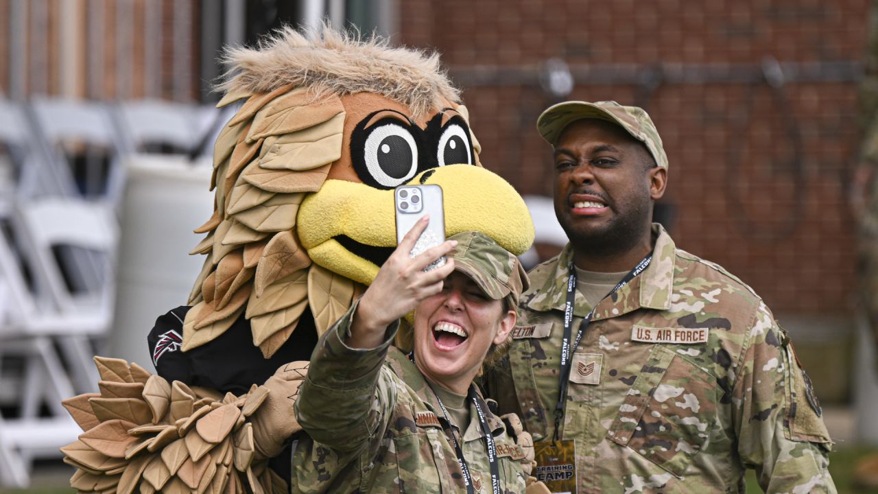 ATLANTA, GA – JULY 22: Atlanta Dream's mascot Star with a member of the  military during the WNBA game between Atlanta and Seattle on July 22, 2018  at Hank McCamish Pavilion in