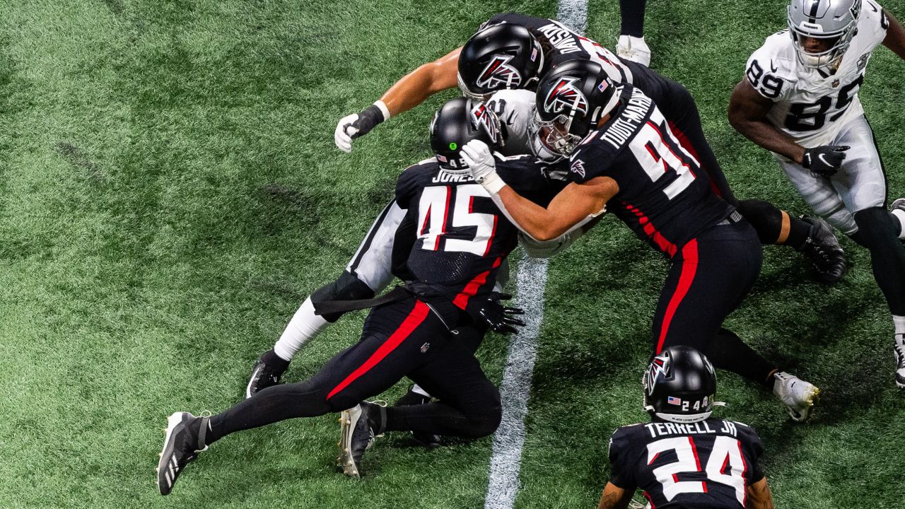 Las Vegas Raiders tight end Darren Waller (83) is tackled by Atlanta  Falcons cornerback A.J. Terrell (24) during the second half of an NFL  football game, Sunday, Nov. 29, 2020, in Atlanta.