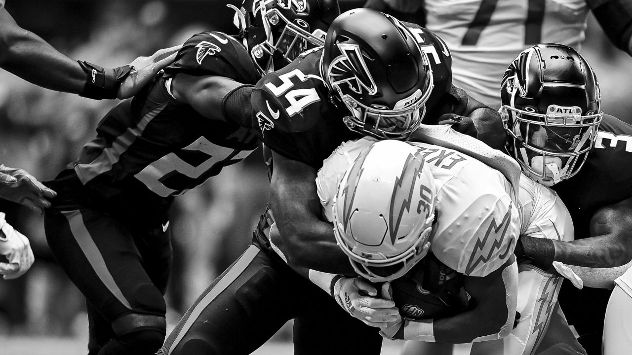 Los Angeles Chargers vs. Atlanta Falcons. NFL Game. American Football  League match. Silhouette of professional player celebrate touch down.  Screen in Stock Photo - Alamy