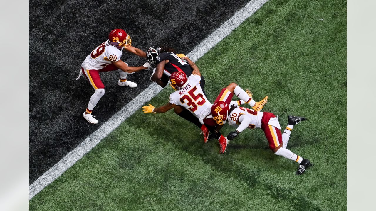 Atlanta Falcons defensive back Teez Tabor intercepts ball off New