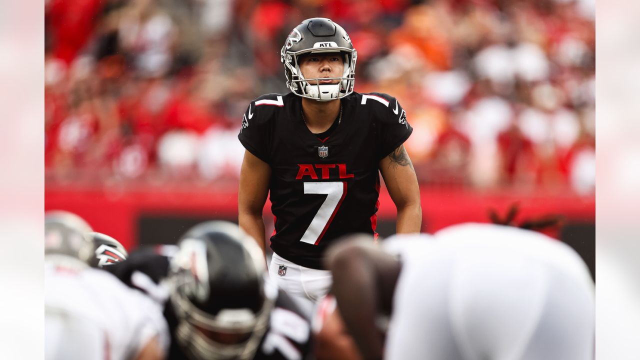 Atlanta Falcons kicker Younghoe Koo #7 looks on during pregame before the  game against the Los Angeles Charge…