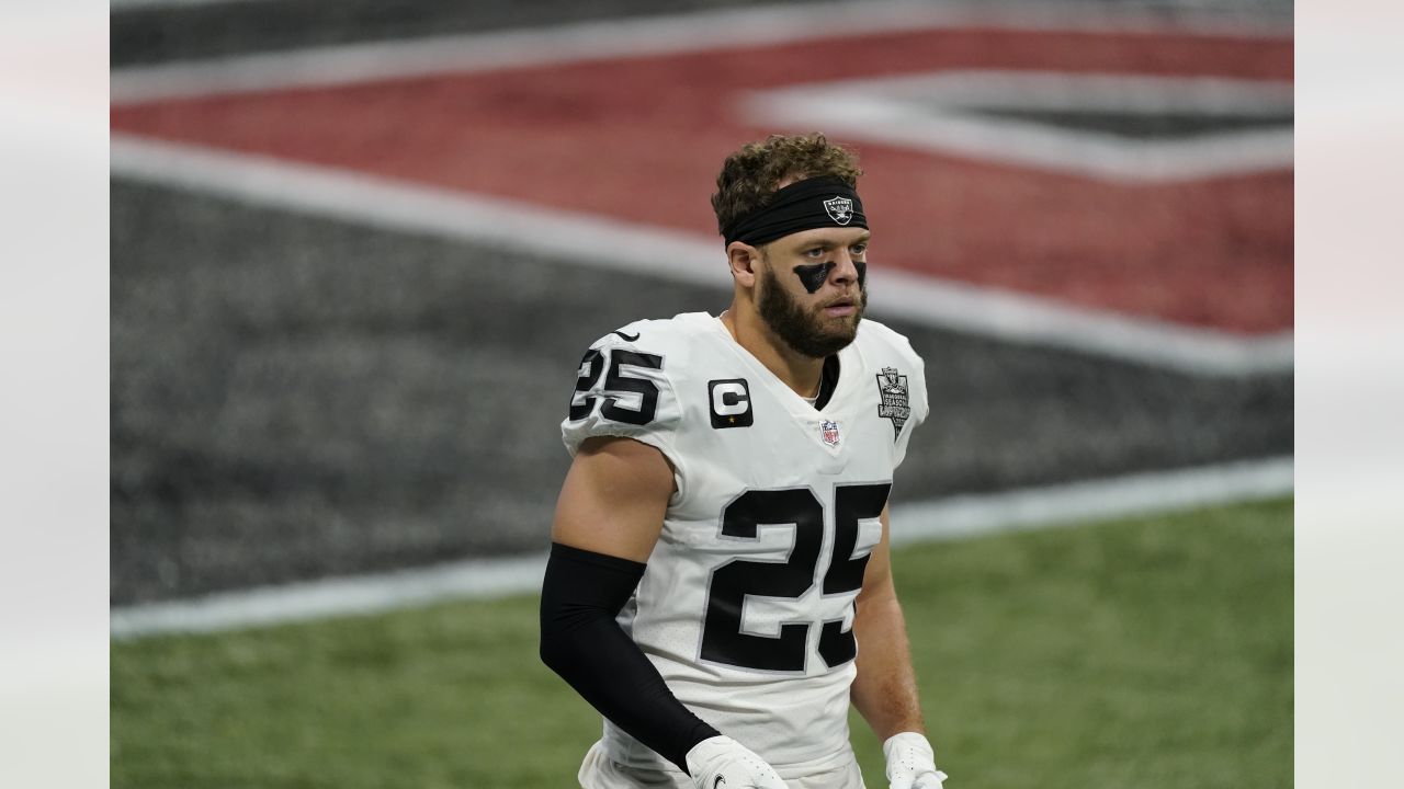 Las Vegas Raiders free safety Erik Harris #25 walks off the field after the  34-24 Raiders win against the New Orleans Saints after an NFL football game,  Monday, Sept. 21, 2020, in