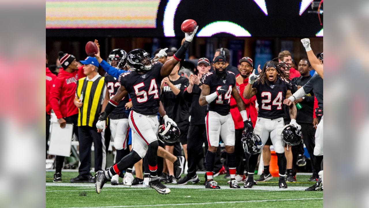 Atlanta Falcons linebacker Foye Oluokun (54) tackles Carolina Panthers wide  receiver Robby Ande …