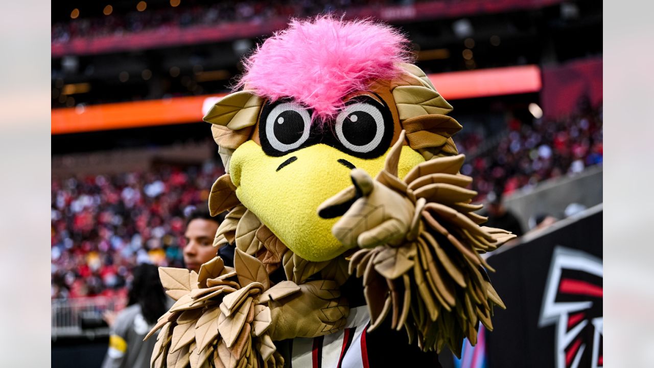 Atlanta Falcons fans pose for photos with team mascot Freddie the