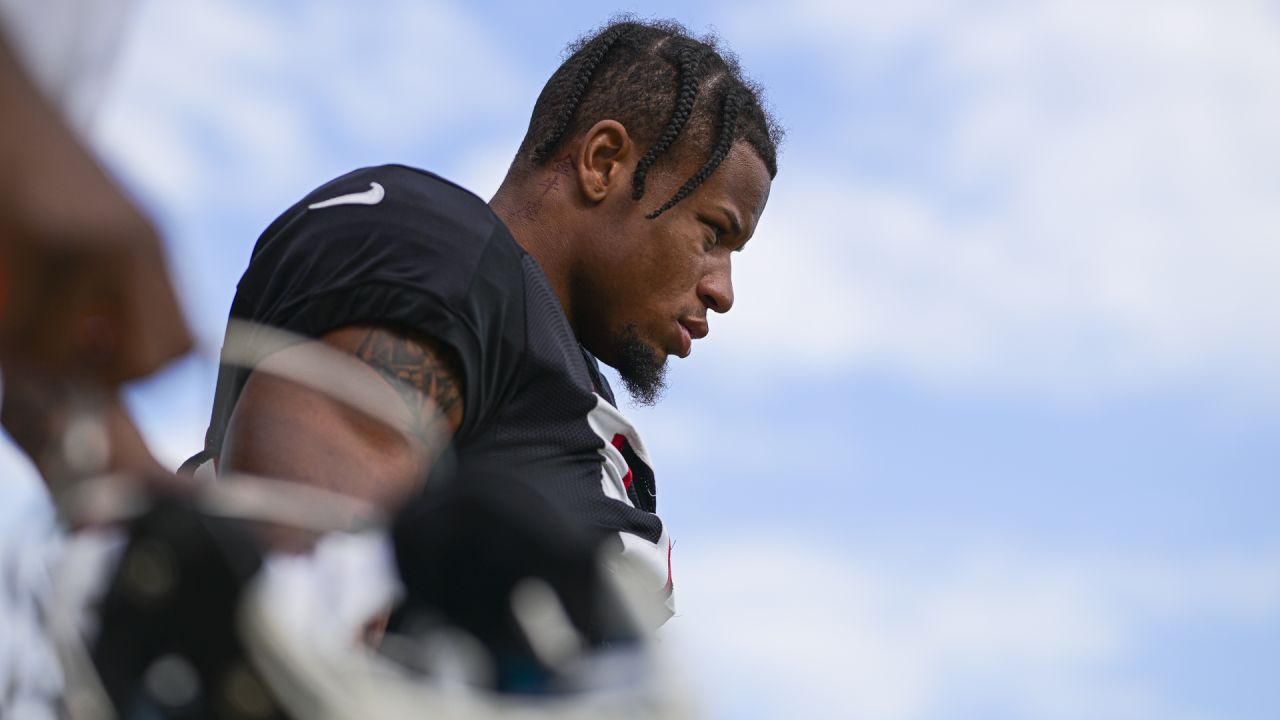 Atlanta Falcons linebacker Quinton Bell (56) works during the