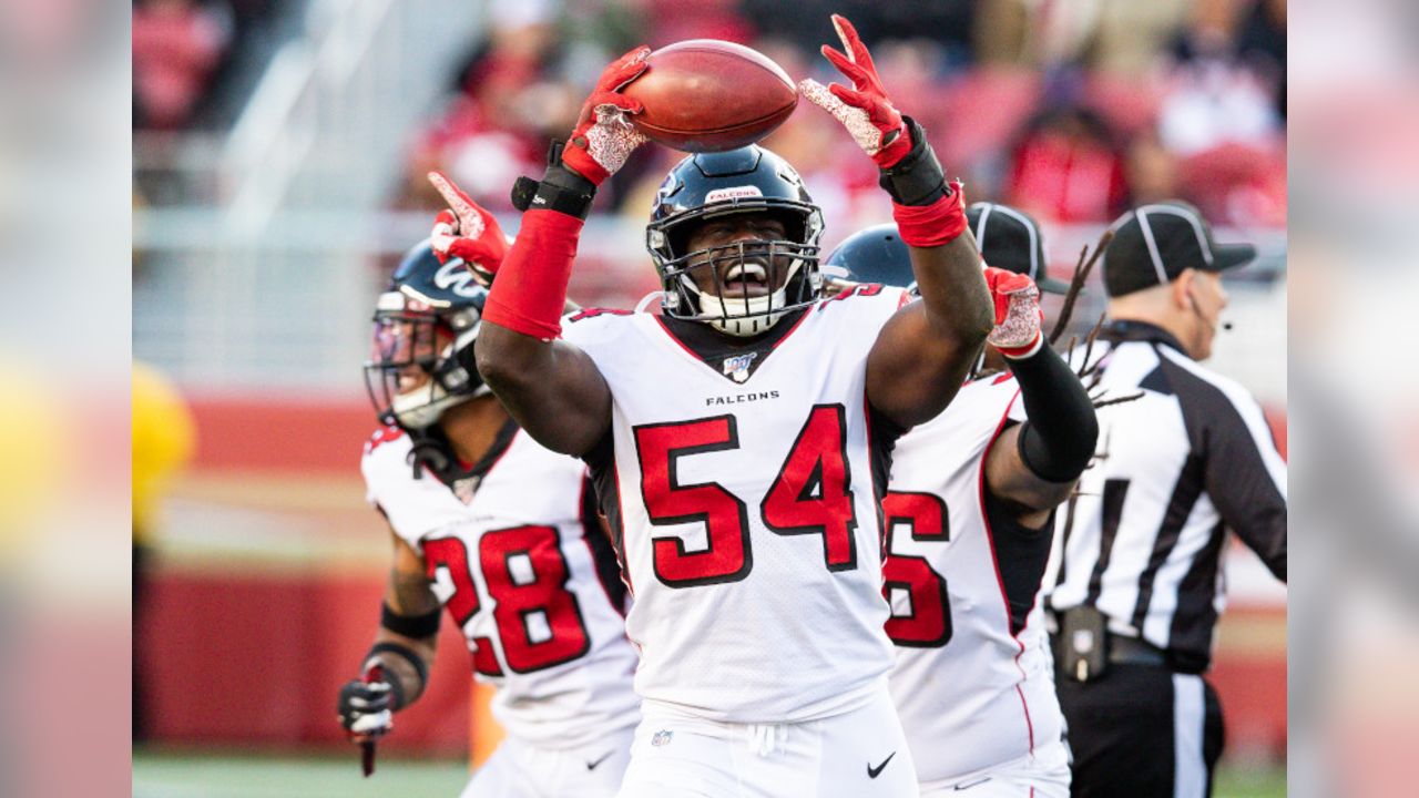 Atlanta Falcons linebacker Foye Oluokun (54) tackles Carolina Panthers wide  receiver Robby Ande …