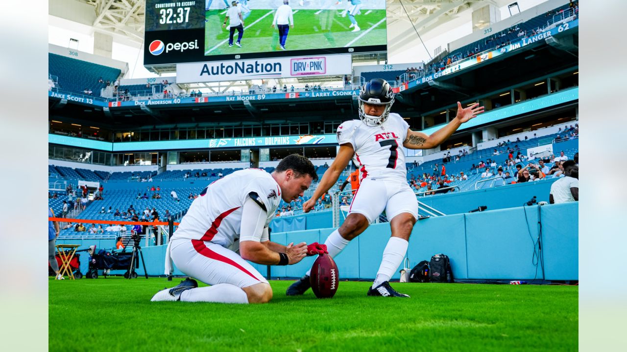 Atlanta Falcons kicker Younghoe Koo (7) walks off the field after the Miami  Dolphins defeated the Atlanta Falcons during a preseason NFL football game,  Saturday, Aug. 21, 2021, in Miami Gardens, Fla. (