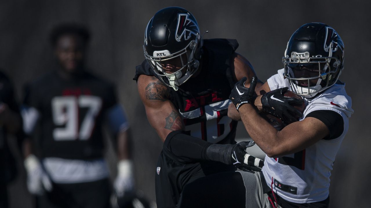 Atlanta Falcons linebacker Quinton Bell (56) works during the