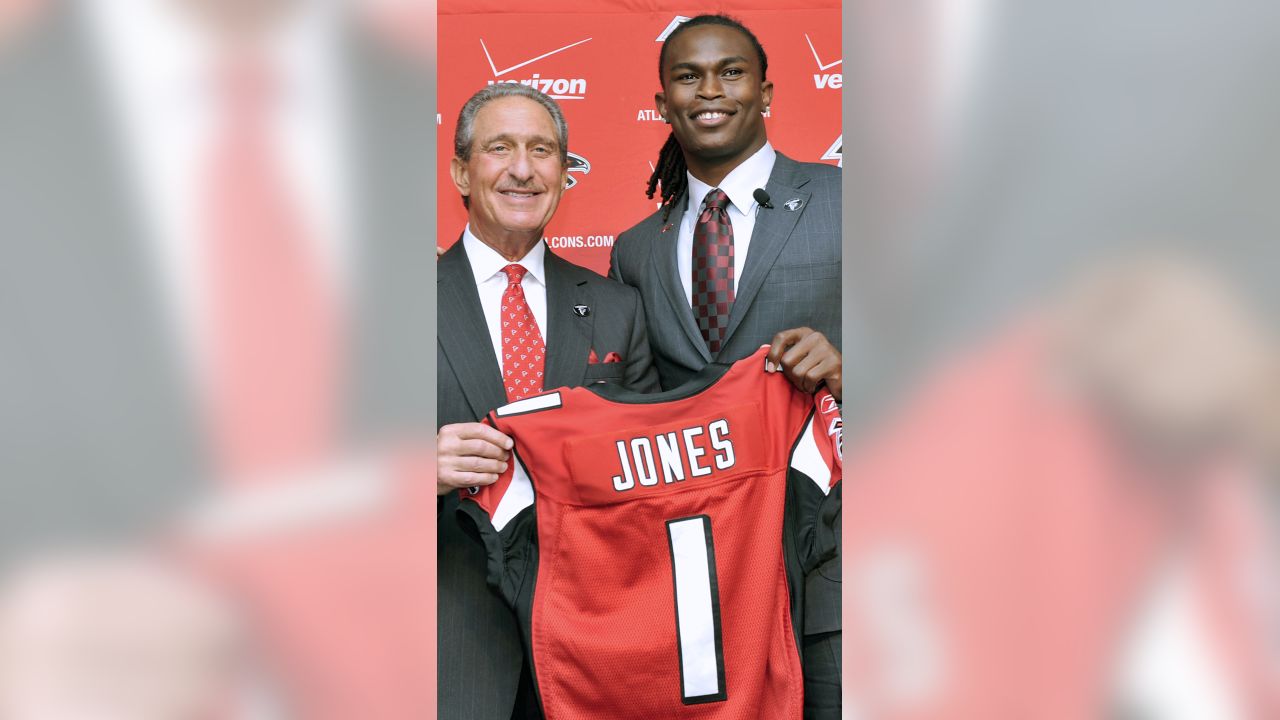 Julio Jones, wide receiver for Alabama, and number six overall pick, holds  up his new jersey after being selected by Atlanta during round one of the  2011 NFL Draft Pick at Radio