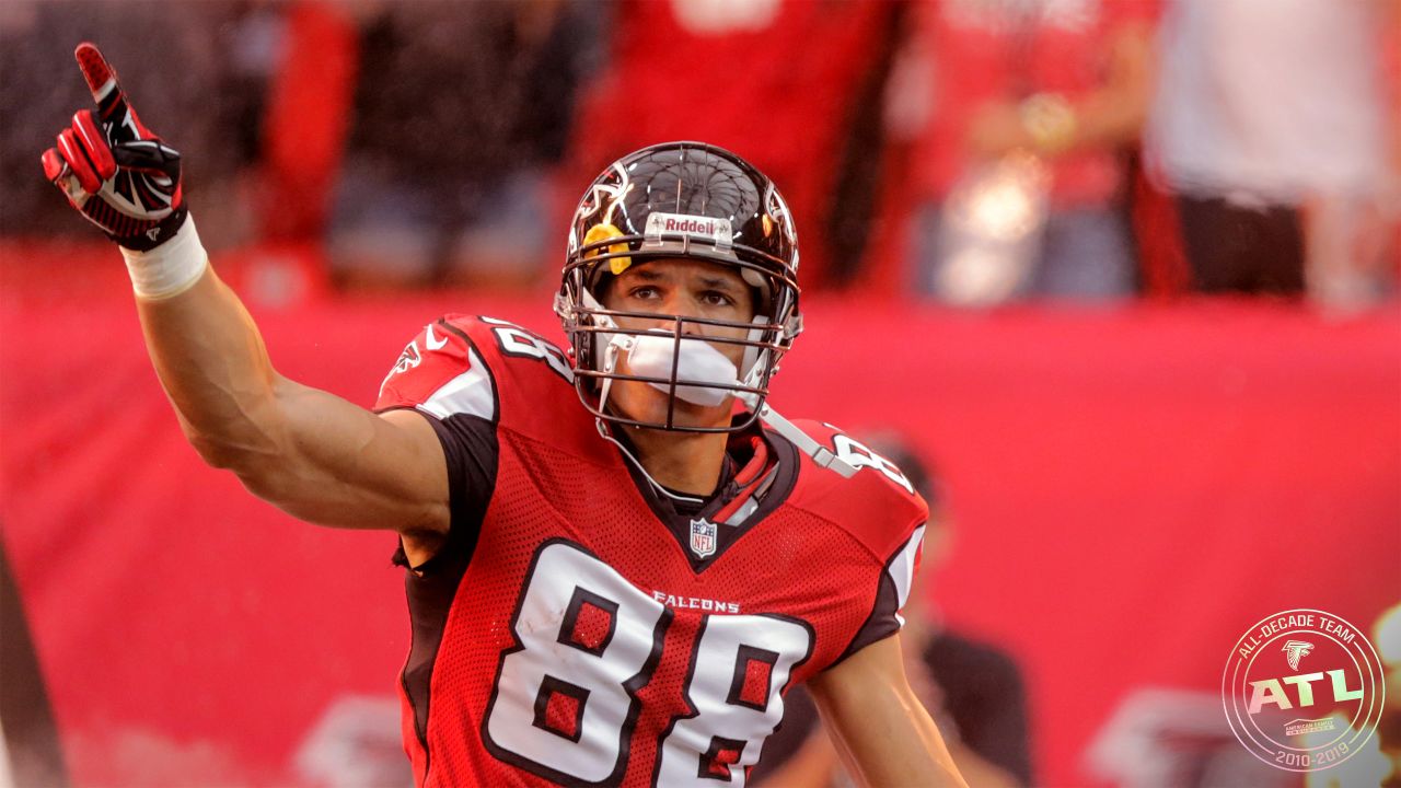 Atlanta Falcons tight end Tony Gonzalez (88) celebrates a first half  touchdown in their game on Sunday, November 6, 2011, in Indianapolis,  Indiana. The Falcons won the game 31-7 as the Colts