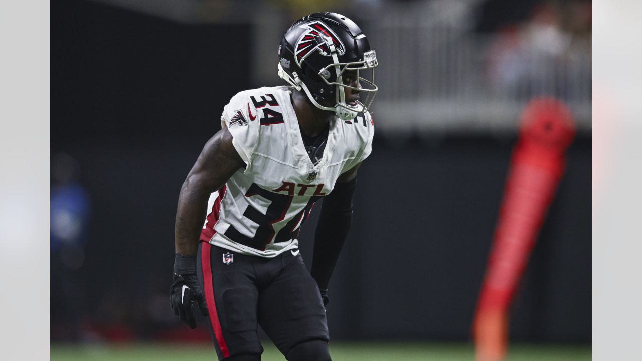 Atlanta Falcons cornerback Clark Phillips III (34) works during