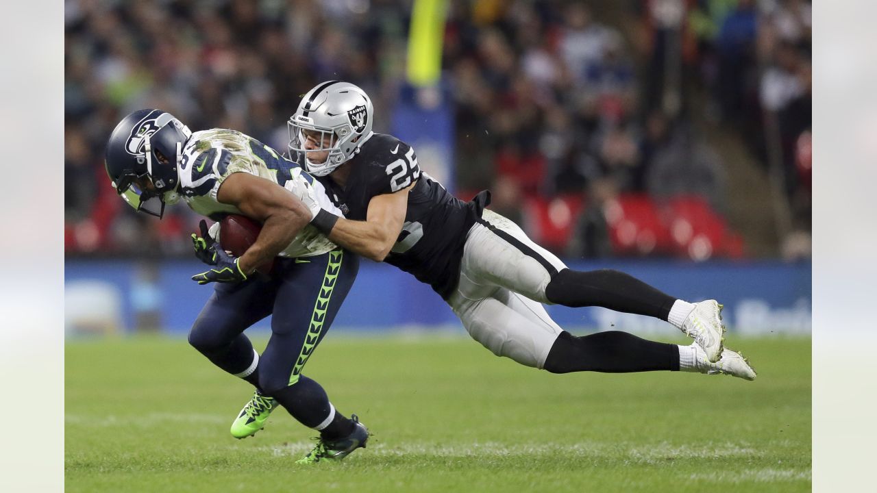 Oakland Raiders defensive end Clelin Ferrell (96) reacts after