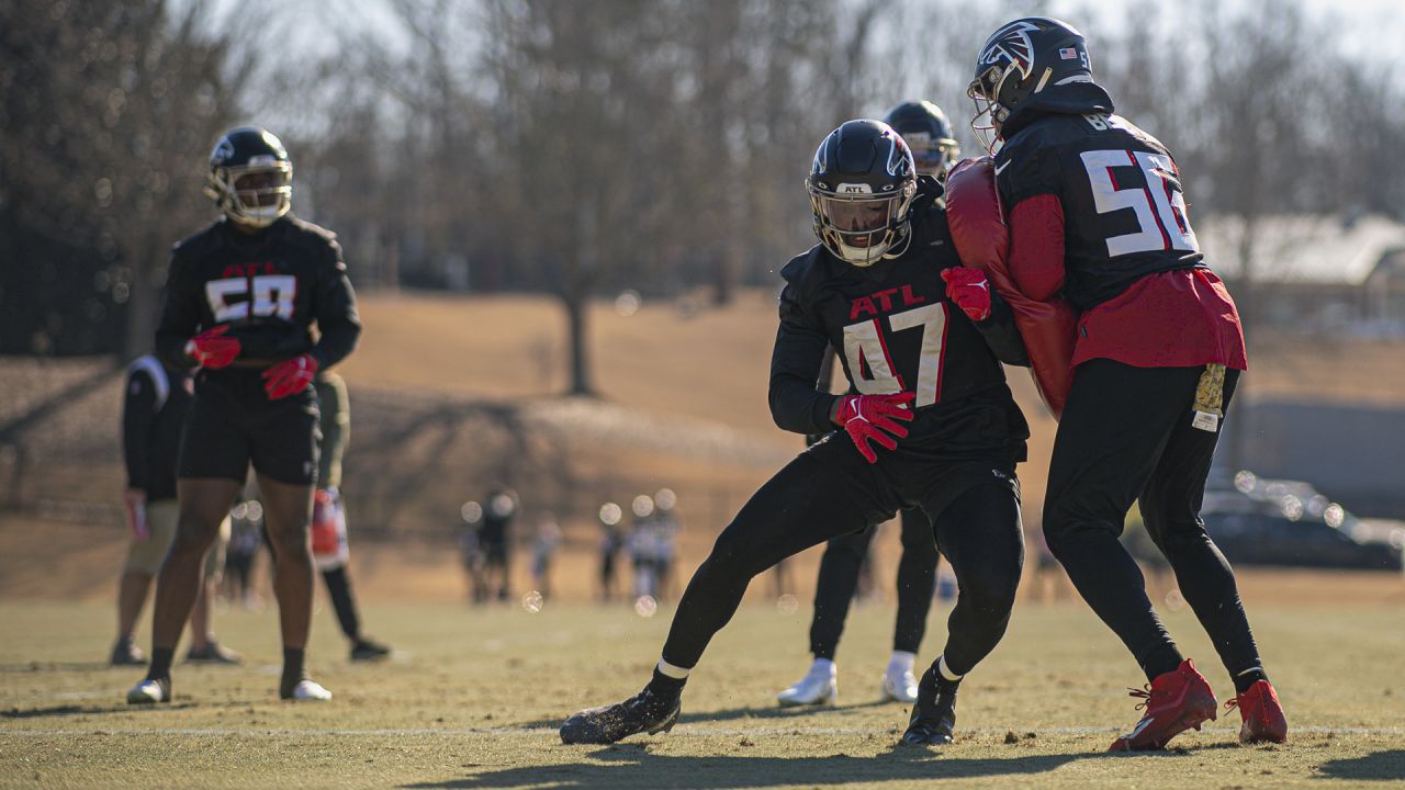 Atlanta Falcons linebacker Quinton Bell (56) works during the