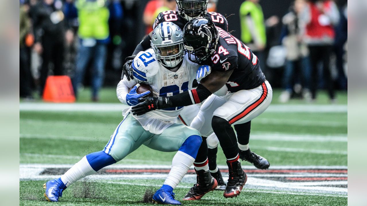 Atlanta Falcons linebacker Foye Oluokun (54) reaches ts after a Atlanta  Falcons recovery on a kickoff against the New Orleans Saints during the  second half of an NFL football game, Thursday, Nov.