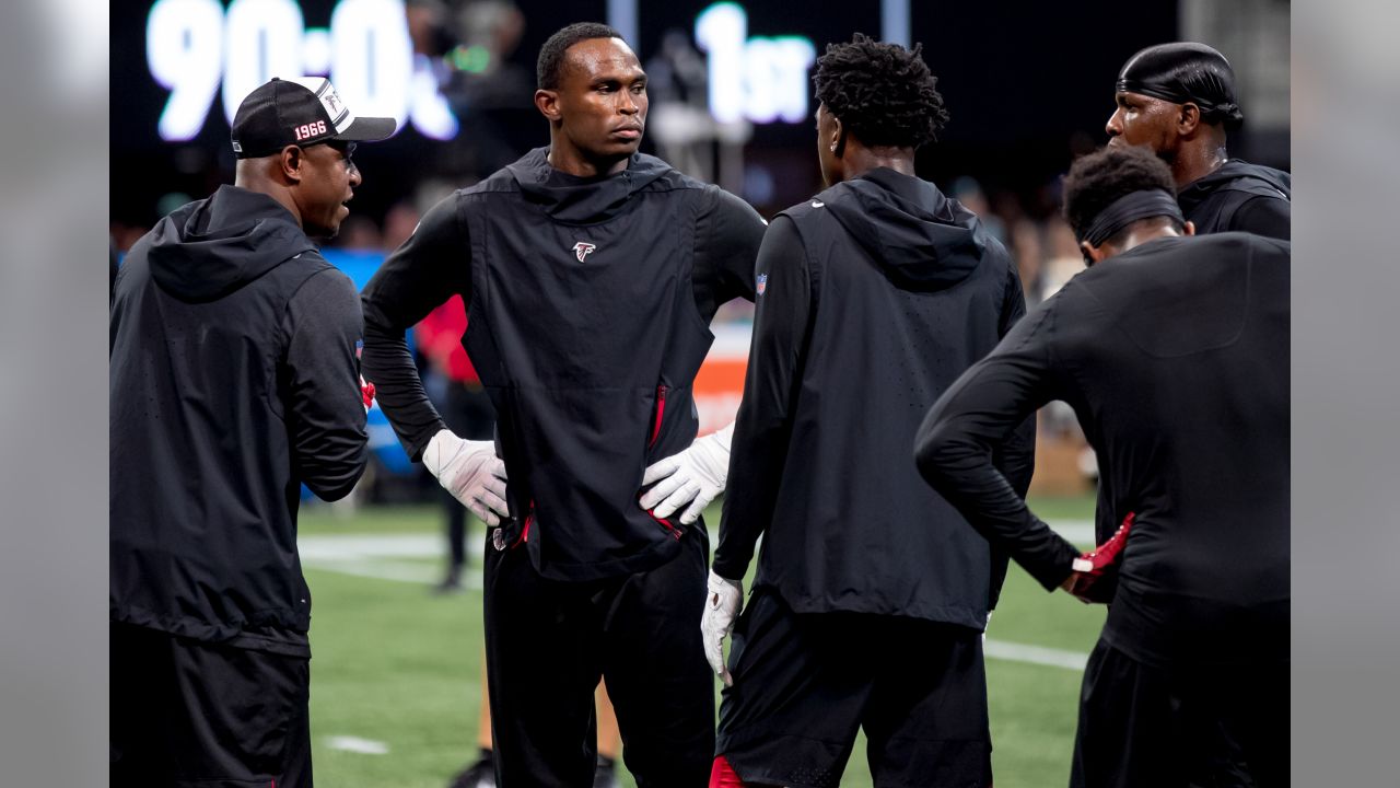 Atlanta Falcons wide receiver Julio Jones (11) is interviewed