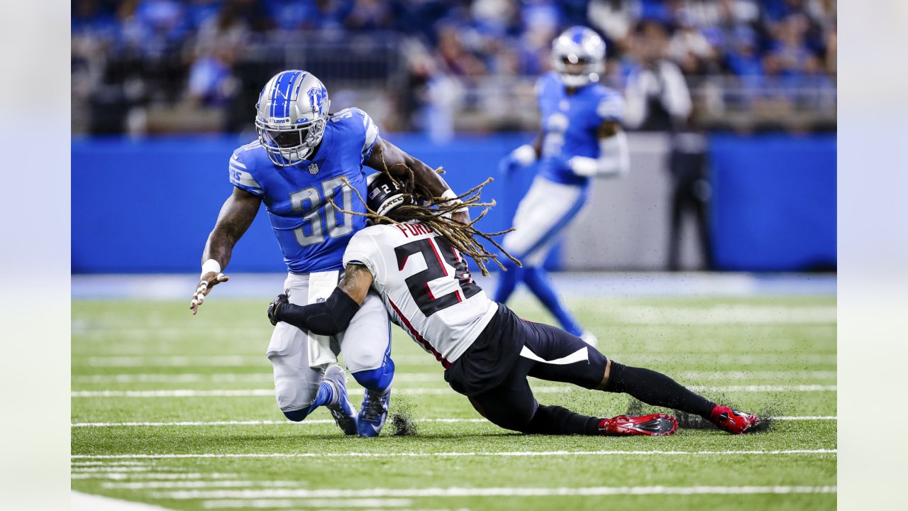 Atlanta Falcons defensive end Arnold Ebiketie (47) rushes on defense  against the Detroit Lions during an NFL football game, Friday, Aug. 12,  2022, in Detroit. (AP Photo/Rick Osentoski Stock Photo - Alamy